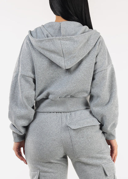 Cropped Fleece Zip Up Hoodie Grey