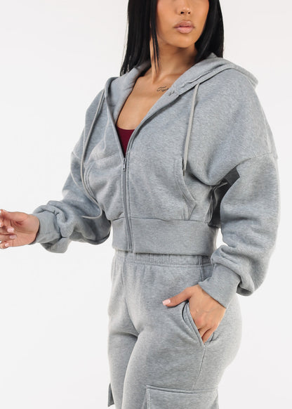 Cropped Fleece Zip Up Hoodie Grey