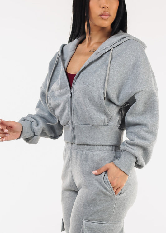Cropped Fleece Zip Up Hoodie Grey