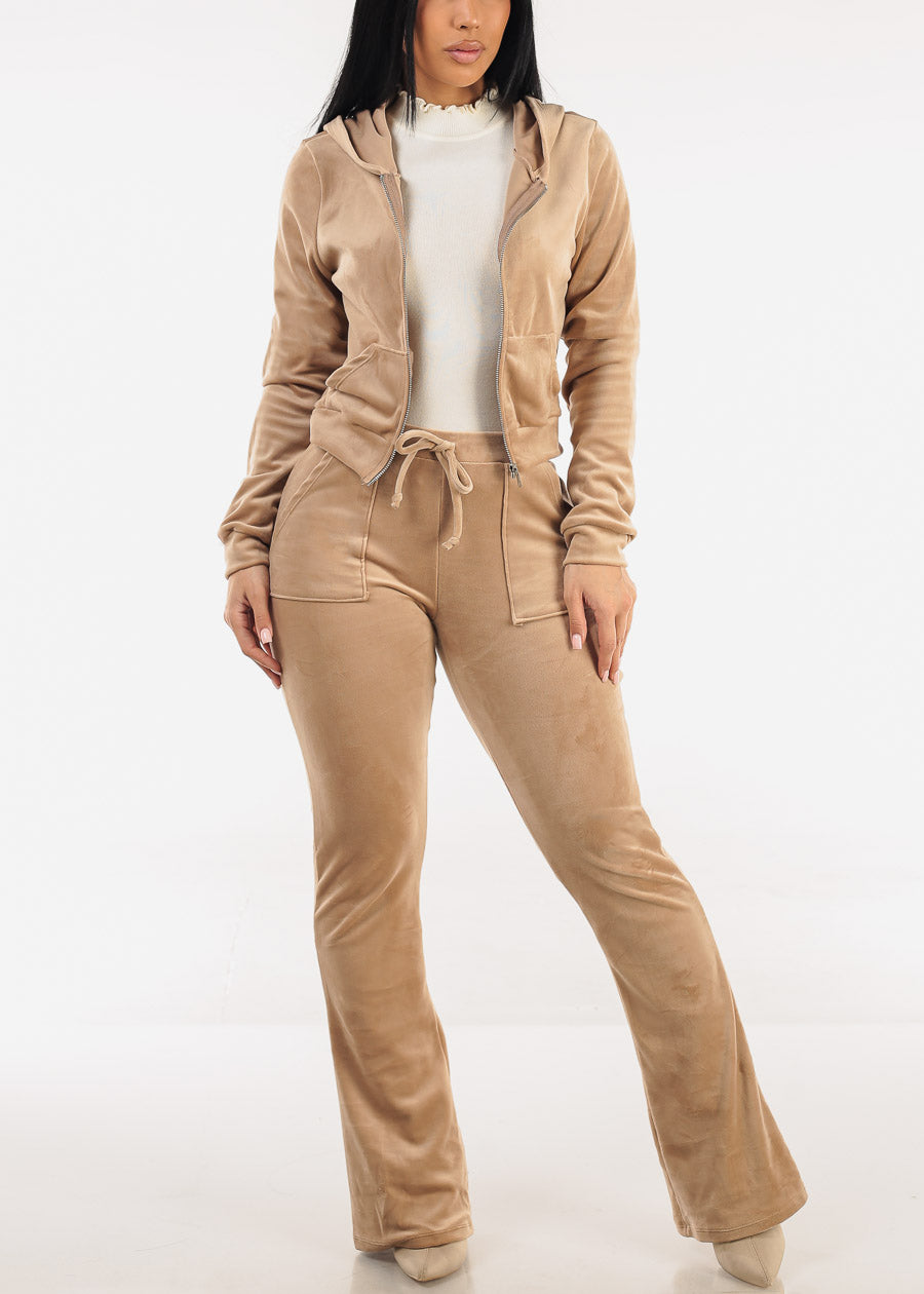 Long Sleeve Zip Up Velour Hoodie Light Khaki