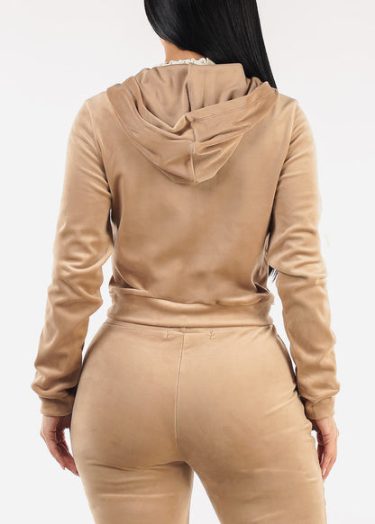 Long Sleeve Zip Up Velour Hoodie Light Khaki