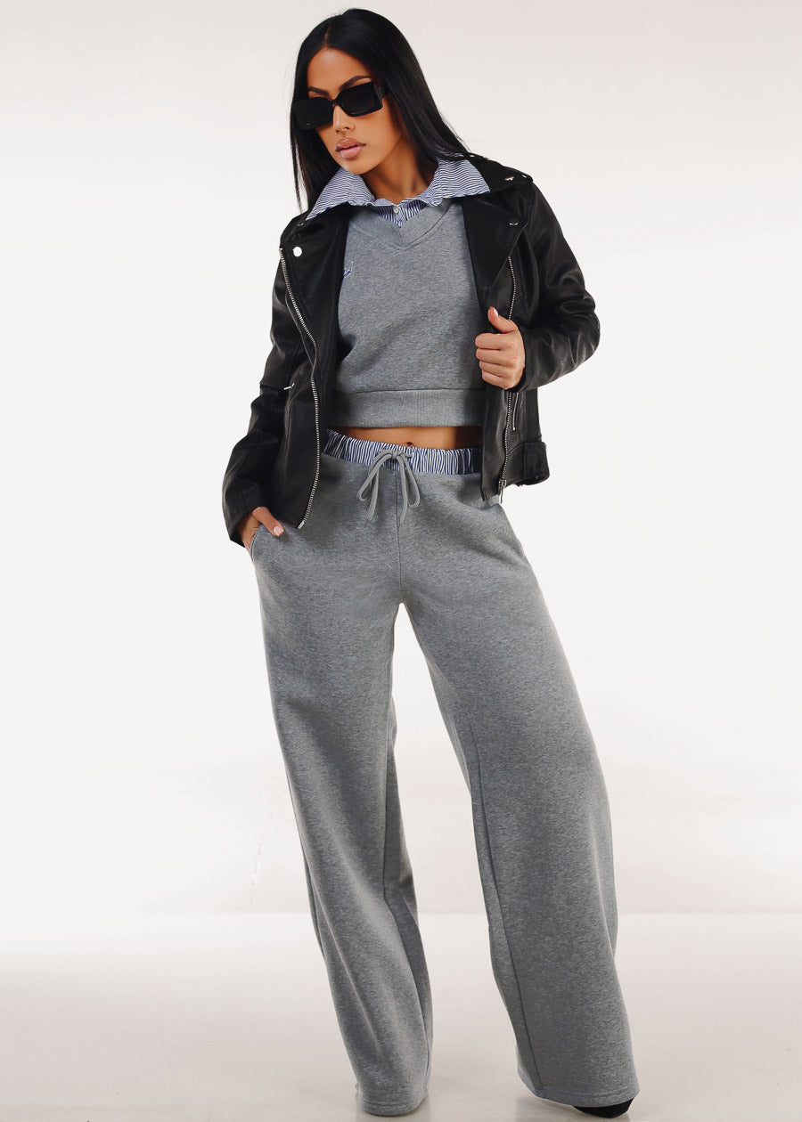Cropped Fleece V-Neck Sweatshirt Grey w Striped Collar