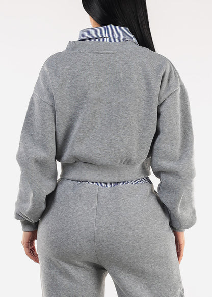 Cropped Fleece V-Neck Sweatshirt Grey w Striped Collar