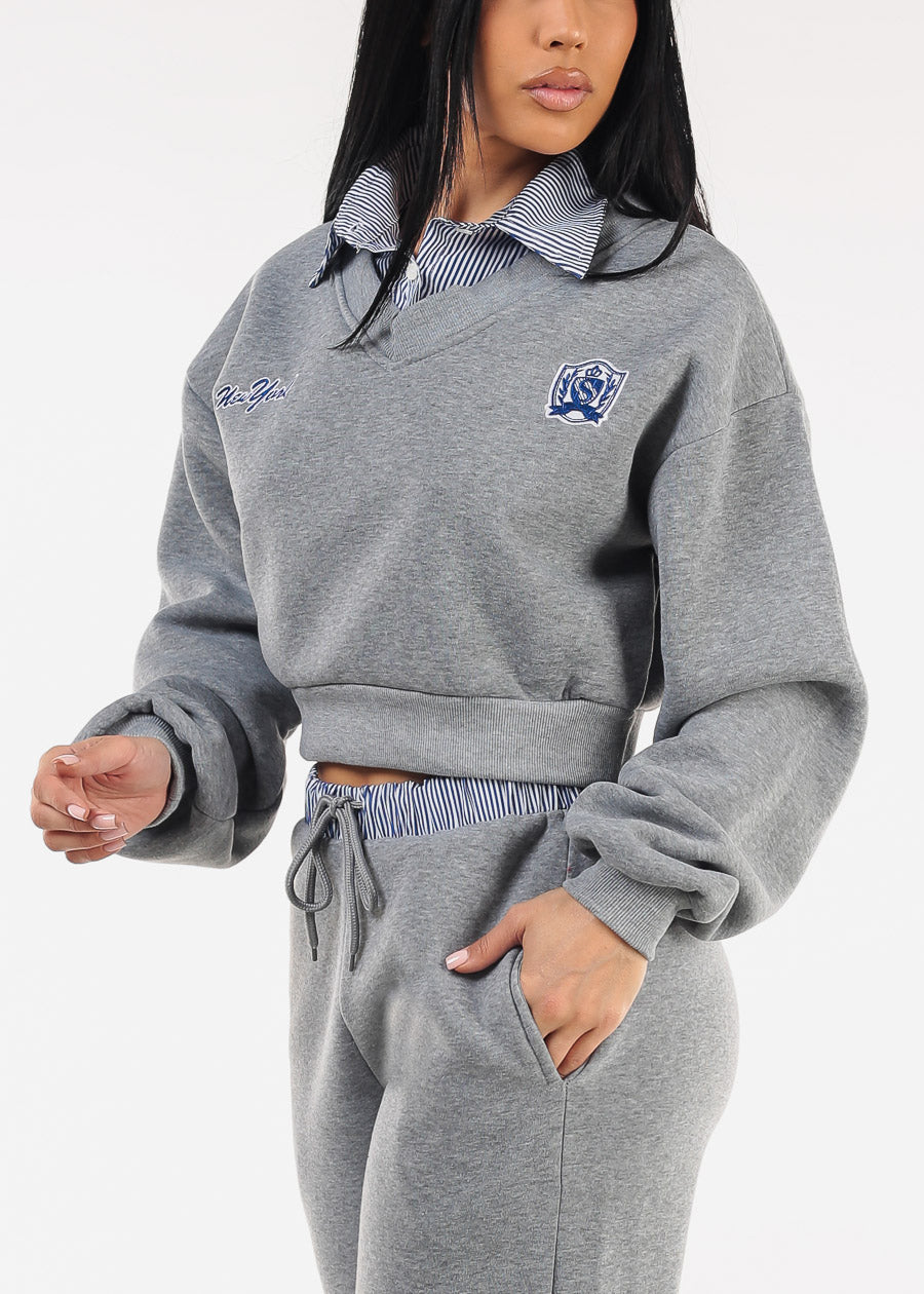 Cropped Fleece V-Neck Sweatshirt Grey w Striped Collar