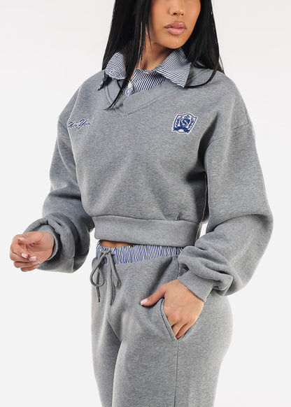 Cropped Fleece V-Neck Sweatshirt Grey w Striped Collar