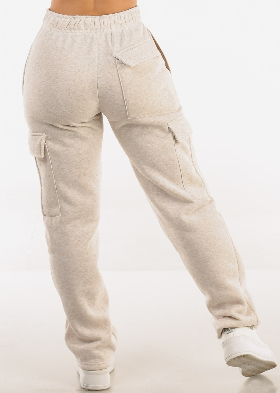 High Waist Relaxed Fit Utility Fleece Sweatpants Heather Beige
