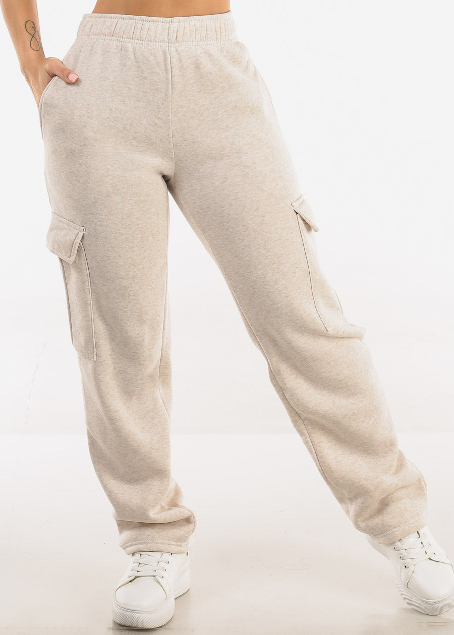 High Waist Relaxed Fit Utility Fleece Sweatpants Heather Beige