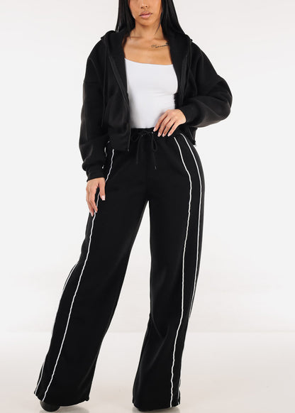 High Waisted Wide Leg Fleece Sweatpants Black