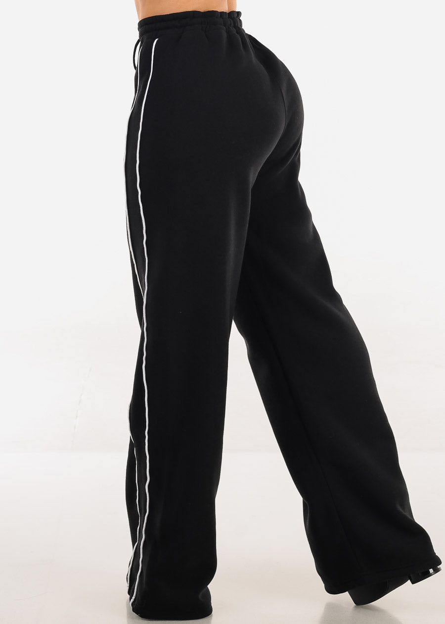 High Waisted Wide Leg Fleece Sweatpants Black