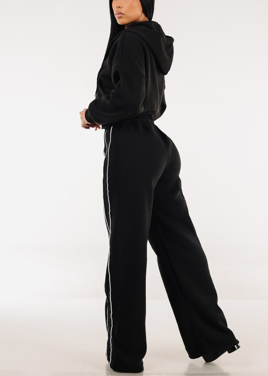 High Waisted Wide Leg Fleece Sweatpants Black