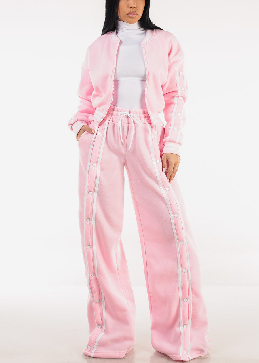 Drawstring Waist Wide Leg Fleece Sweatpants Light Pink