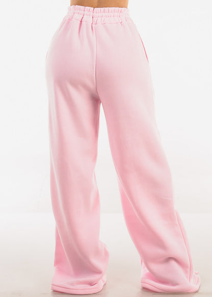 Drawstring Waist Wide Leg Fleece Sweatpants Light Pink
