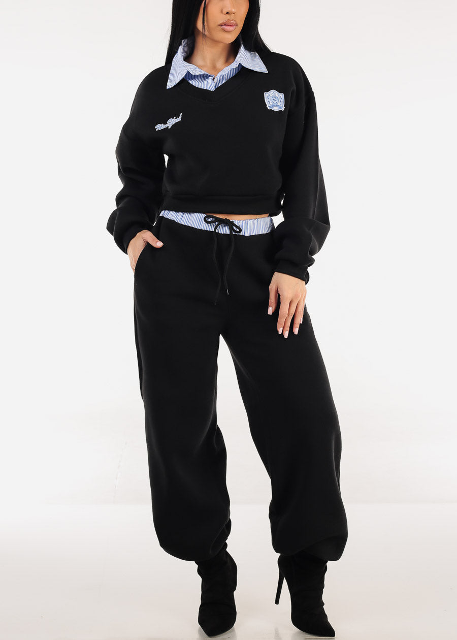 Cropped Fleece V-Neck Sweatshirt Black w Striped Collar