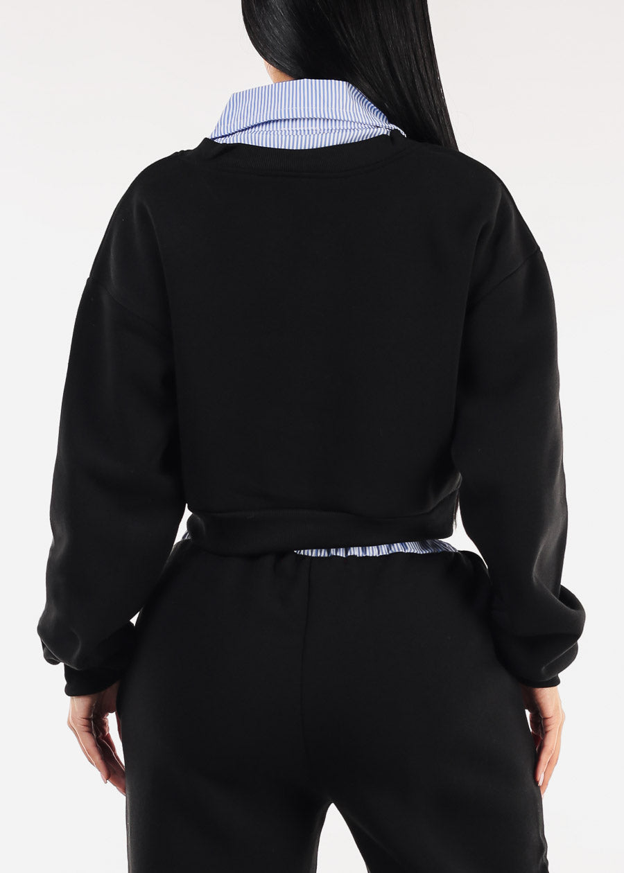 Cropped Fleece V-Neck Sweatshirt Black w Striped Collar