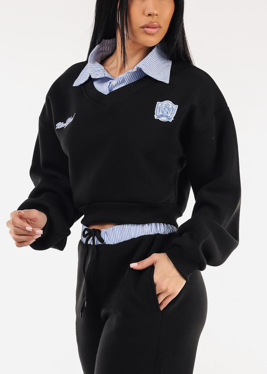 Cropped Fleece V-Neck Sweatshirt Black w Striped Collar