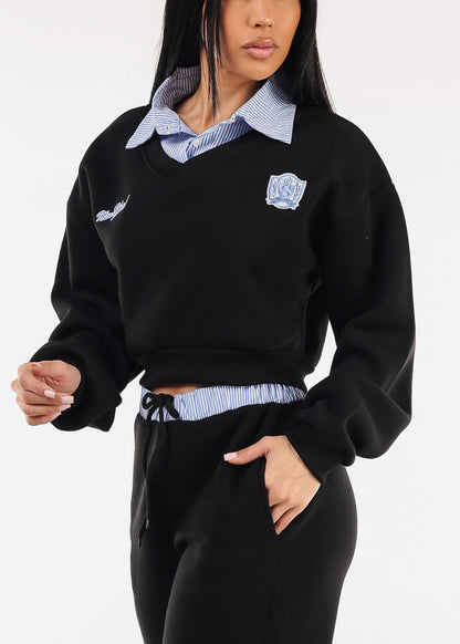 Cropped Fleece V-Neck Sweatshirt Black w Striped Collar