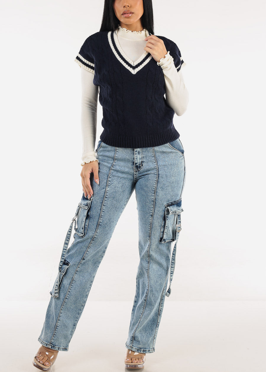 Short Sleeve Vneck Cable Knit Sweater Navy