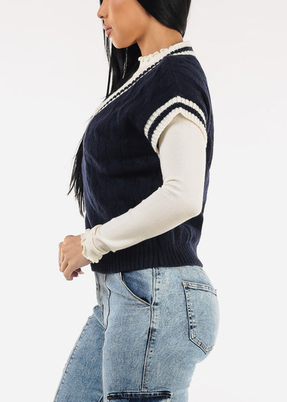 Short Sleeve Vneck Cable Knit Sweater Navy