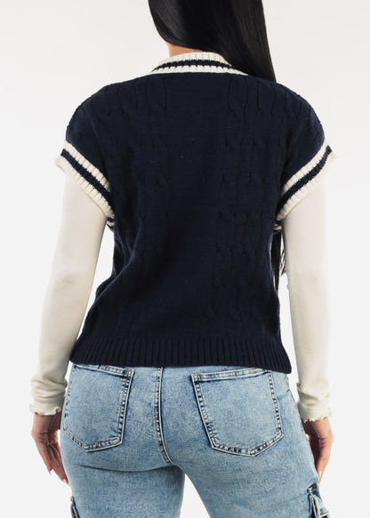 Short Sleeve Vneck Cable Knit Sweater Navy