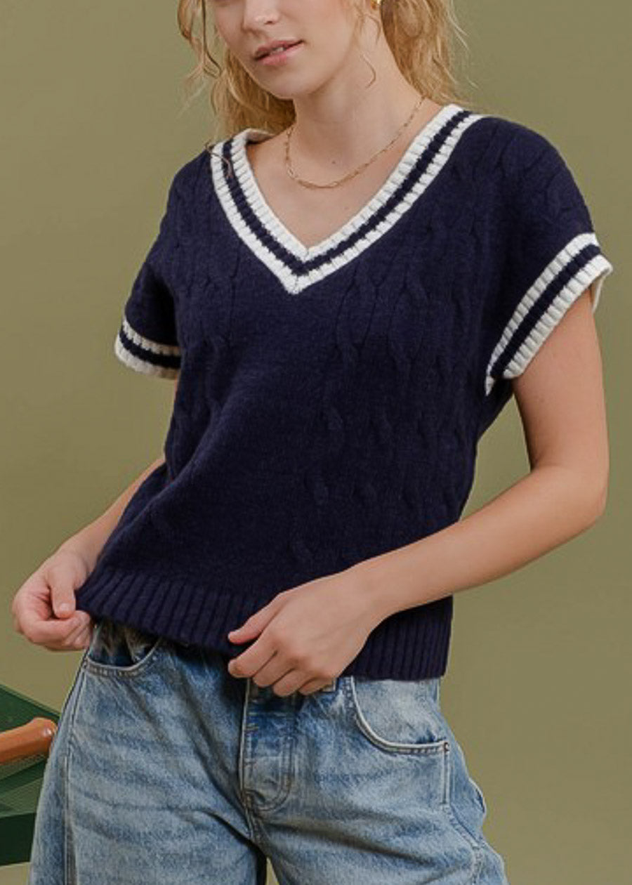 Short Sleeve Vneck Cable Knit Sweater Navy
