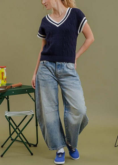 Short Sleeve Vneck Cable Knit Sweater Navy