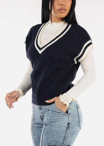 Short Sleeve Vneck Cable Knit Sweater Navy