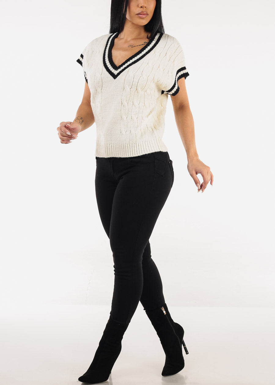 Short Sleeve Vneck Cable Knit Sweater Cream