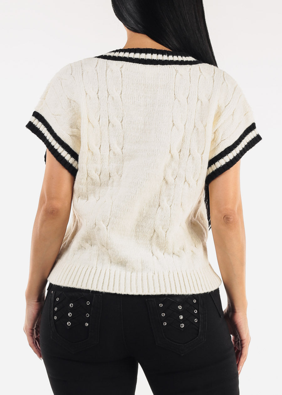 Short Sleeve Vneck Cable Knit Sweater Cream