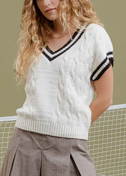 Short Sleeve Vneck Cable Knit Sweater Cream