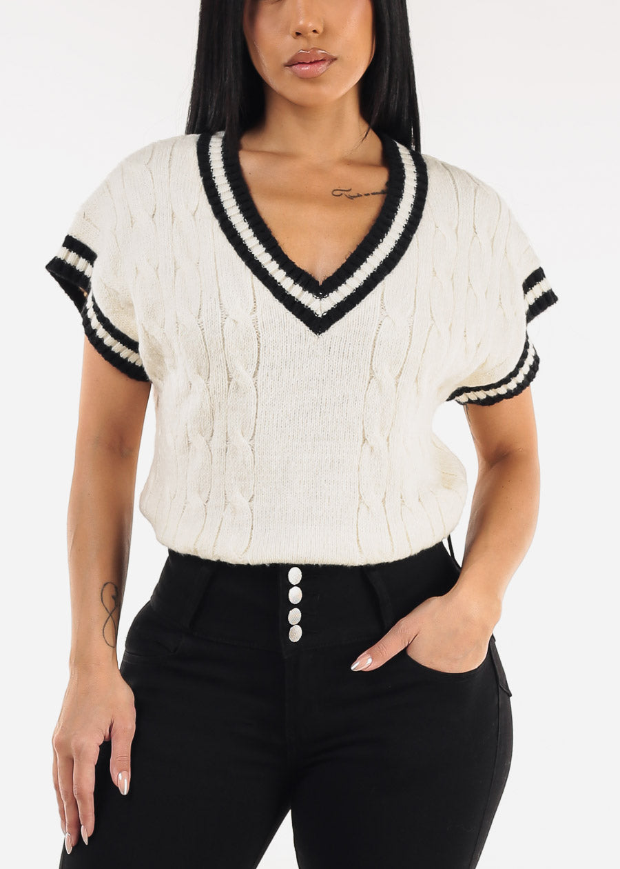 Short Sleeve Vneck Cable Knit Sweater Cream
