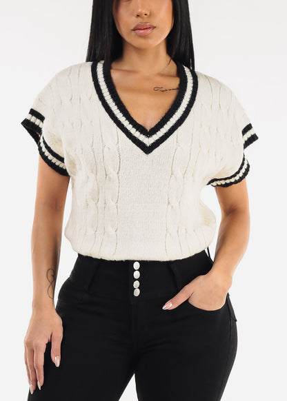 Short Sleeve Vneck Cable Knit Sweater Cream