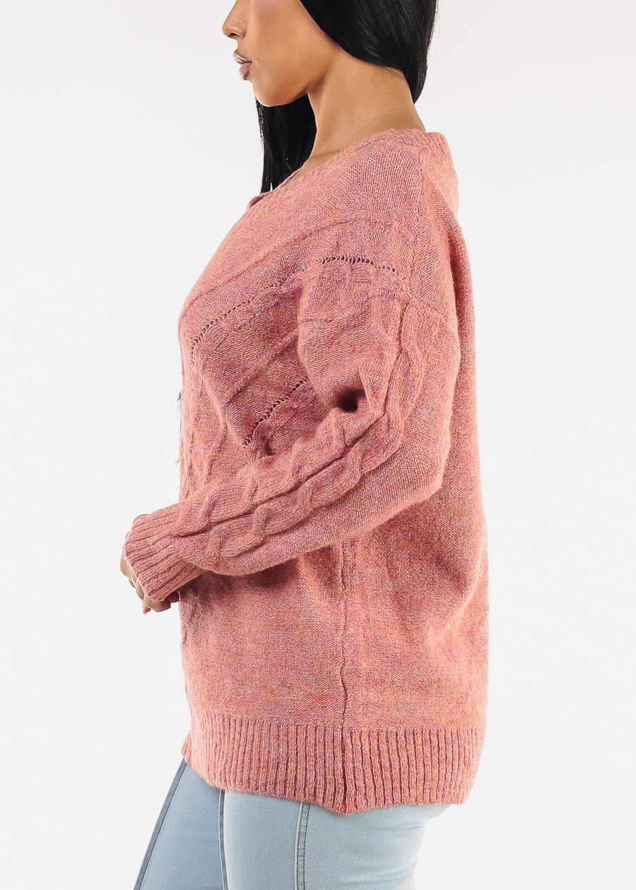 Vneck Long Sleeve Knitted Sweater Rose