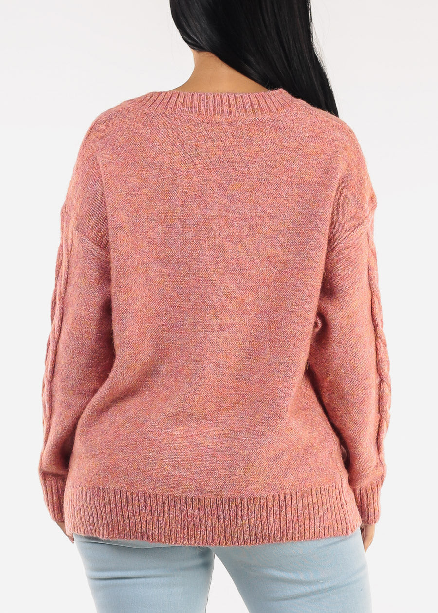 Vneck Long Sleeve Knitted Sweater Rose