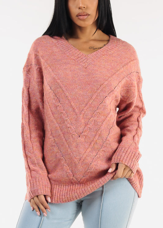 Vneck Long Sleeve Knitted Sweater Rose