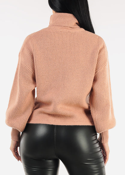 Long Sleeve Turtleneck Rib Knitted Sweater Blush