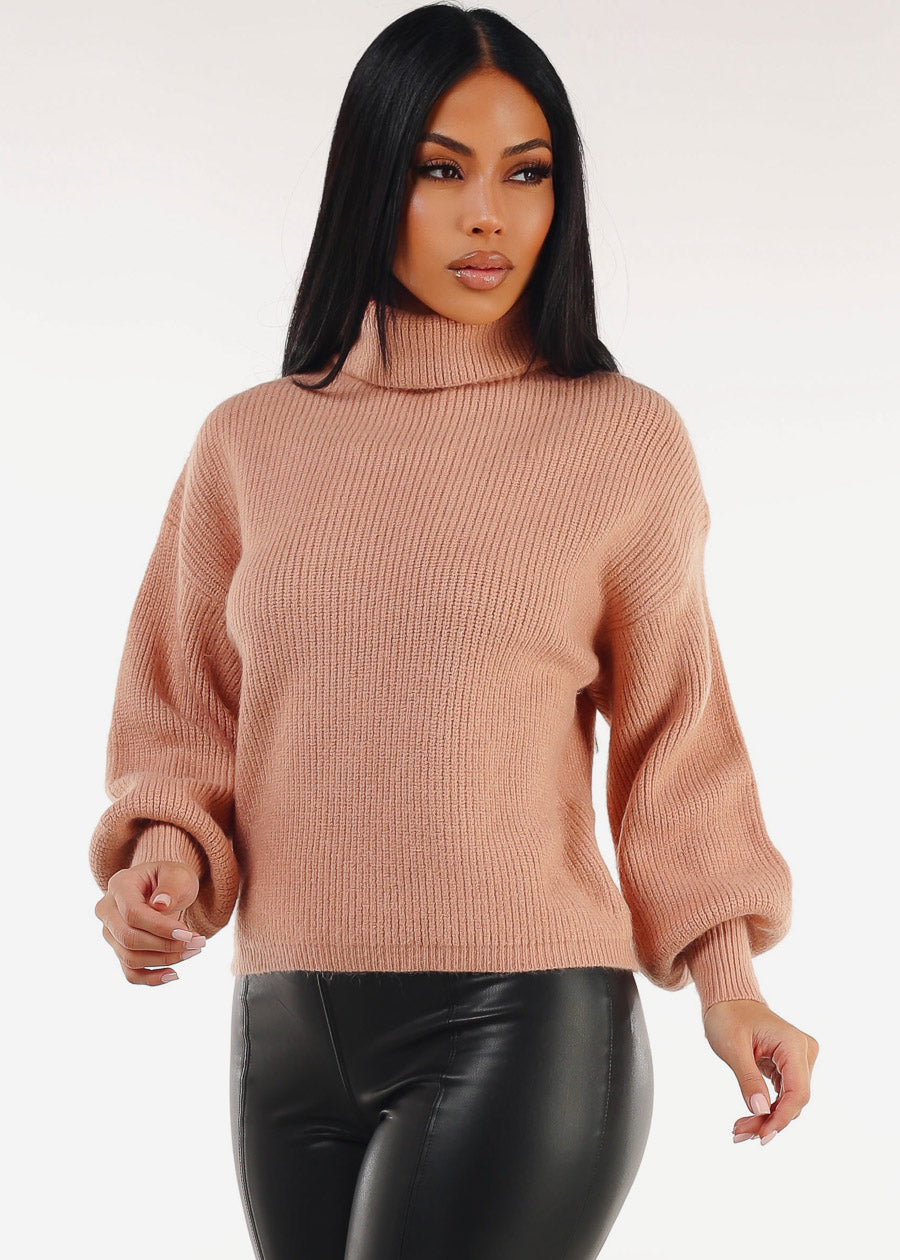 Long Sleeve Turtleneck Rib Knitted Sweater Blush