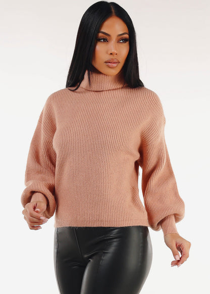 Long Sleeve Turtleneck Rib Knitted Sweater Blush