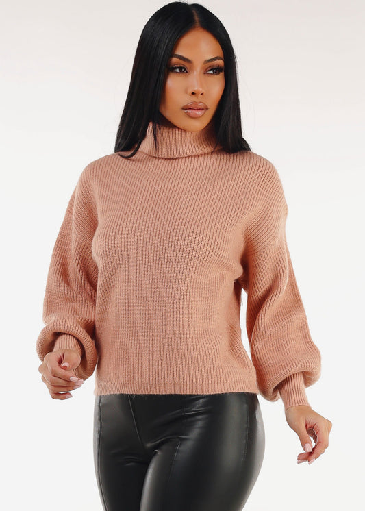 Long Sleeve Turtleneck Rib Knitted Sweater Blush