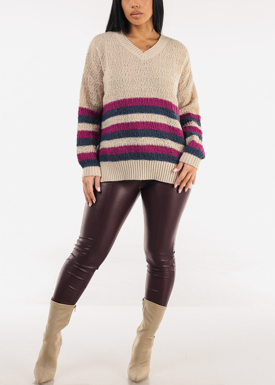Long Sleeve Stripe Vneck Knitted Sweater Beige