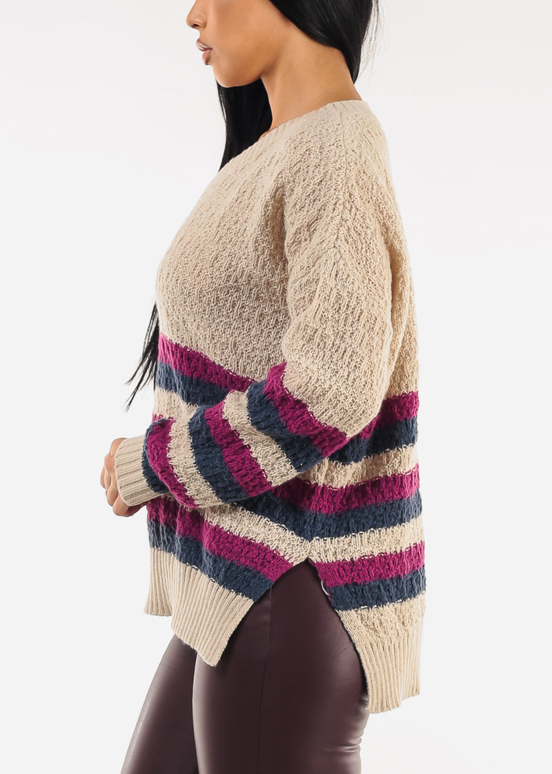 Long Sleeve Stripe Vneck Knitted Sweater Beige
