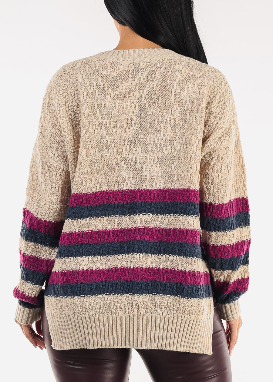 Long Sleeve Stripe Vneck Knitted Sweater Beige