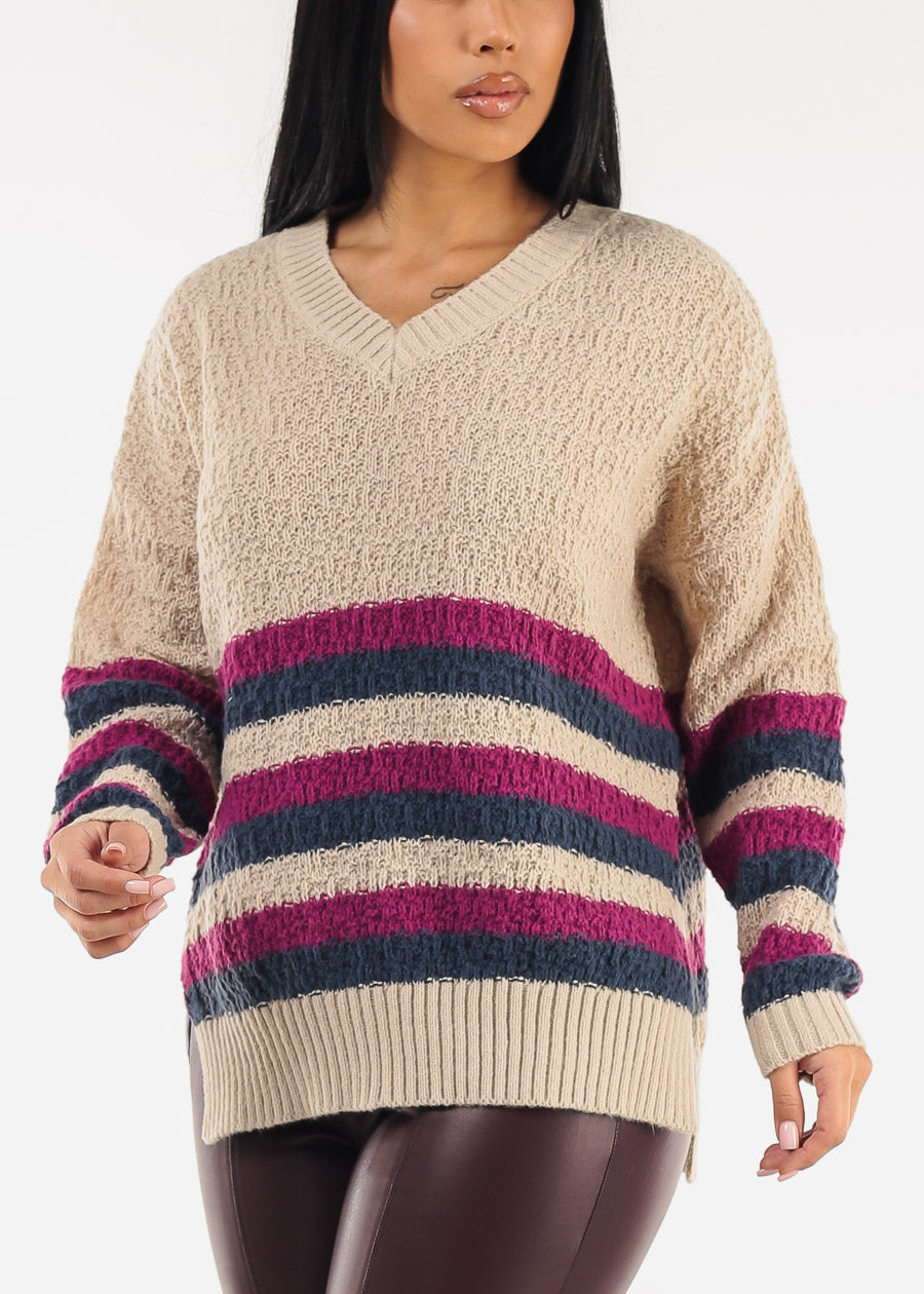 Long Sleeve Stripe Vneck Knitted Sweater Beige