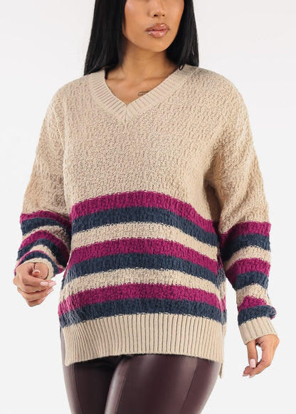 Long Sleeve Stripe Vneck Knitted Sweater Beige