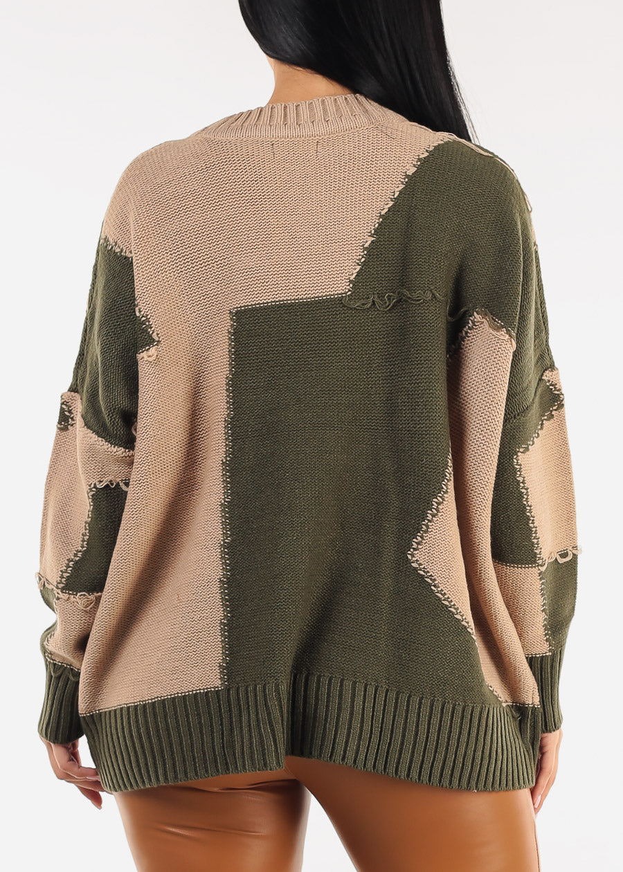 Long Sleeve Colorblock Sweater Olive & Taupe
