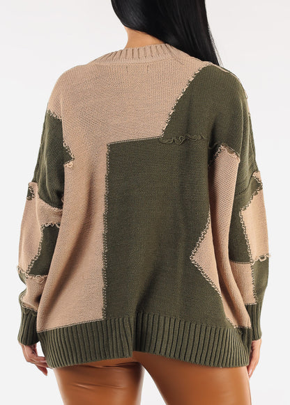 Long Sleeve Colorblock Sweater Olive & Taupe