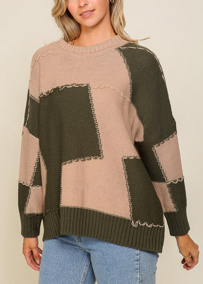 Long Sleeve Colorblock Sweater Olive & Taupe