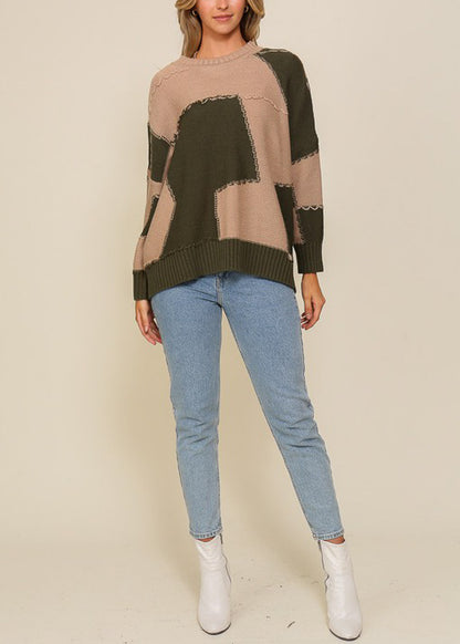 Long Sleeve Colorblock Sweater Olive & Taupe