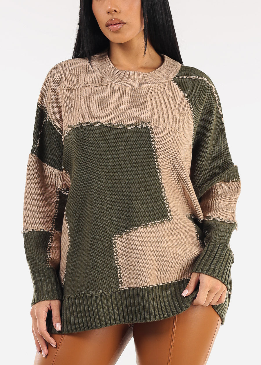 Long Sleeve Colorblock Sweater Olive & Taupe