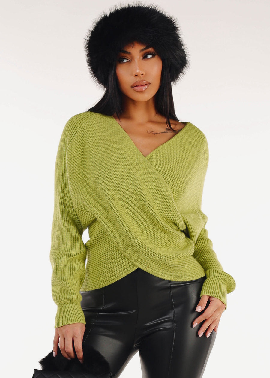 Long Sleeve Surplice Knit Sweater Lime