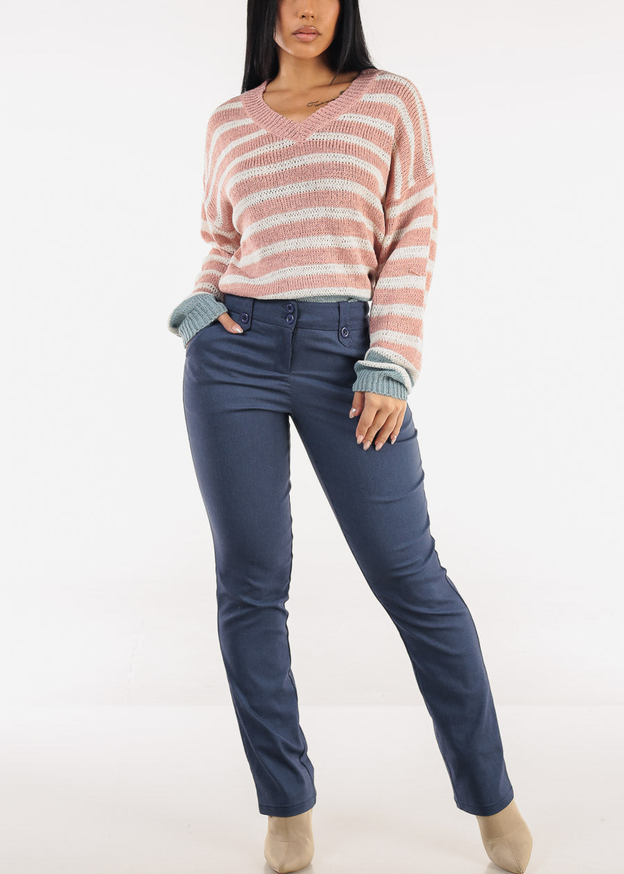 Long Sleeve Vneck Stripe Sweater Pink